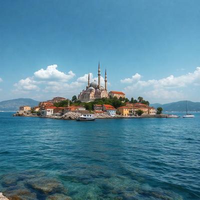 Primary subject: A large island with a castle on top.

Setting/background: The island is surrounded by water, and there are boats nearby.

Visual style: The image is a photo.

Colors and mood: The scene is bright and sunny, with a blue sky and a lively atmosphere.